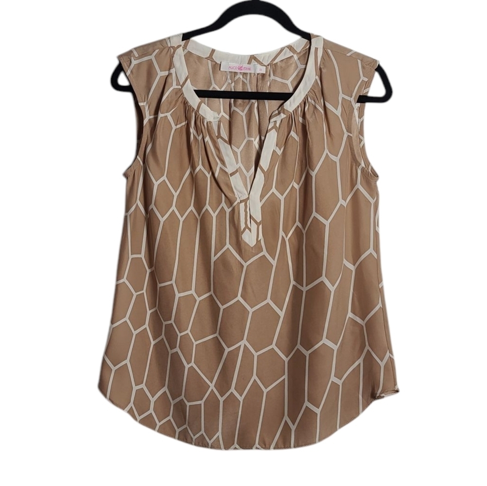 ALICE & TRIXIE Sleeveless Geometric Tan Silk Top w/ Modesty Clasp At Bust SizeXS